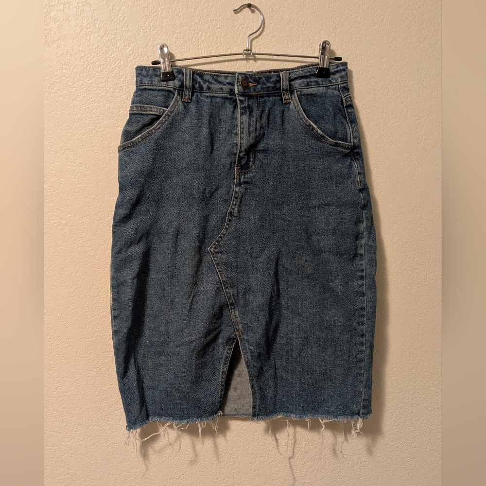 Great Smoky Denim Midi Skirt with Frayed Hem